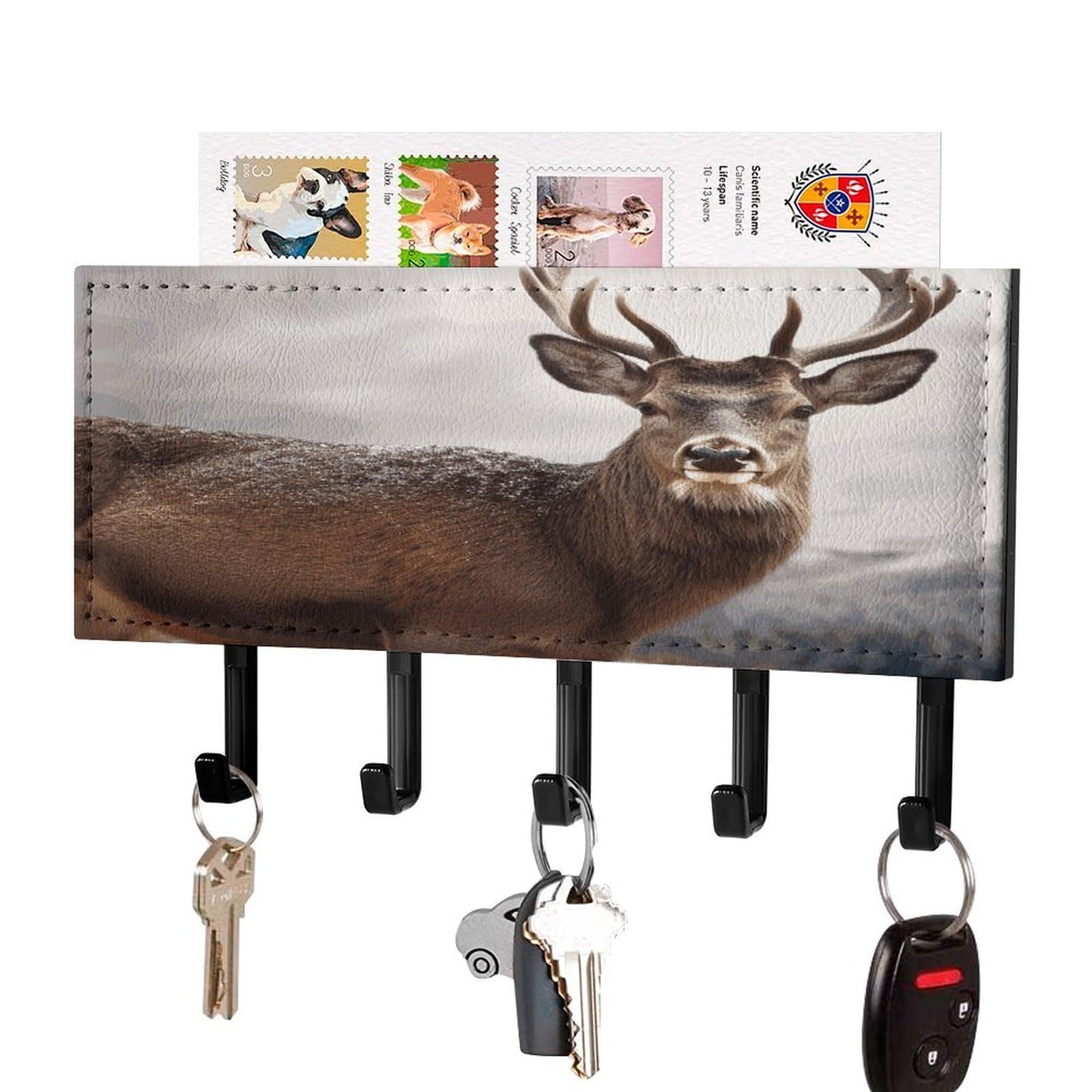 MUSM Wild Animals Deer Key Holder for Wall,Mail Organizer Wall Mount with 5 Hooks,Easy Installation Key Rack for Home Decor, Hallway, Entryway, Appartment