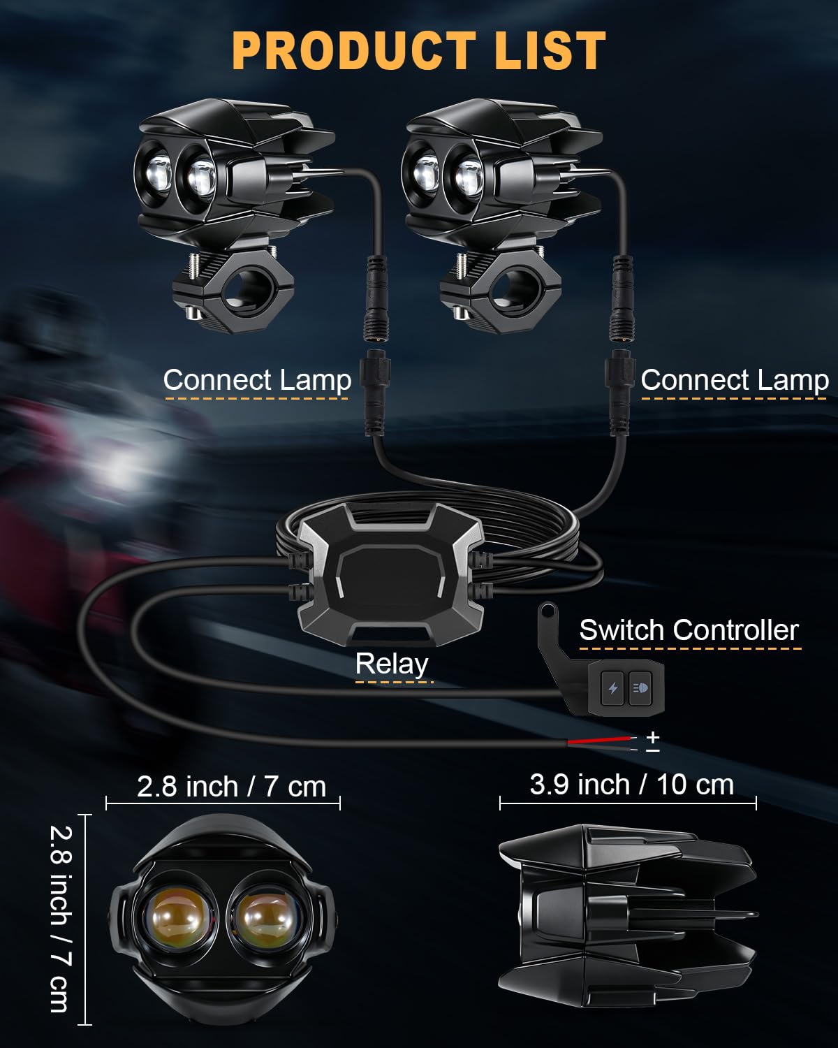 Dinfu 60 W Phare supplémentaire LED 9 V - 60 V moto Phare antibrouillard rond IP68-5 motifs flash avec kit de faisceau et 2 supports de montage pour moto, quad, UTV, Dirt Bike, camion, bateau