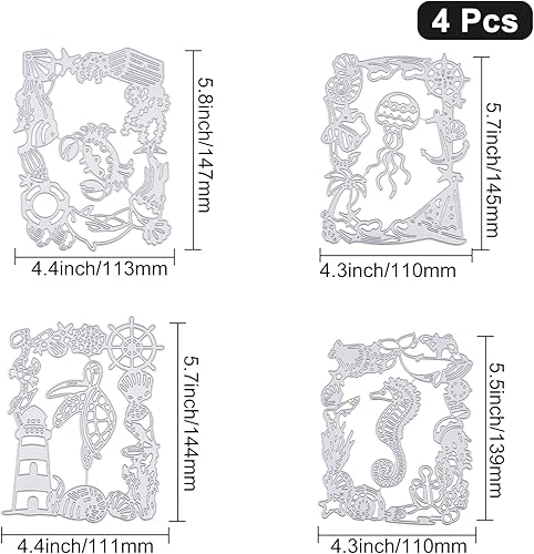 Miniatura 6 de ORIGACH 4 piezas de marco de fondo de elemento oceánico, troqueles de corte de metal, plantillas en relieve, molde de plantilla para álbum de