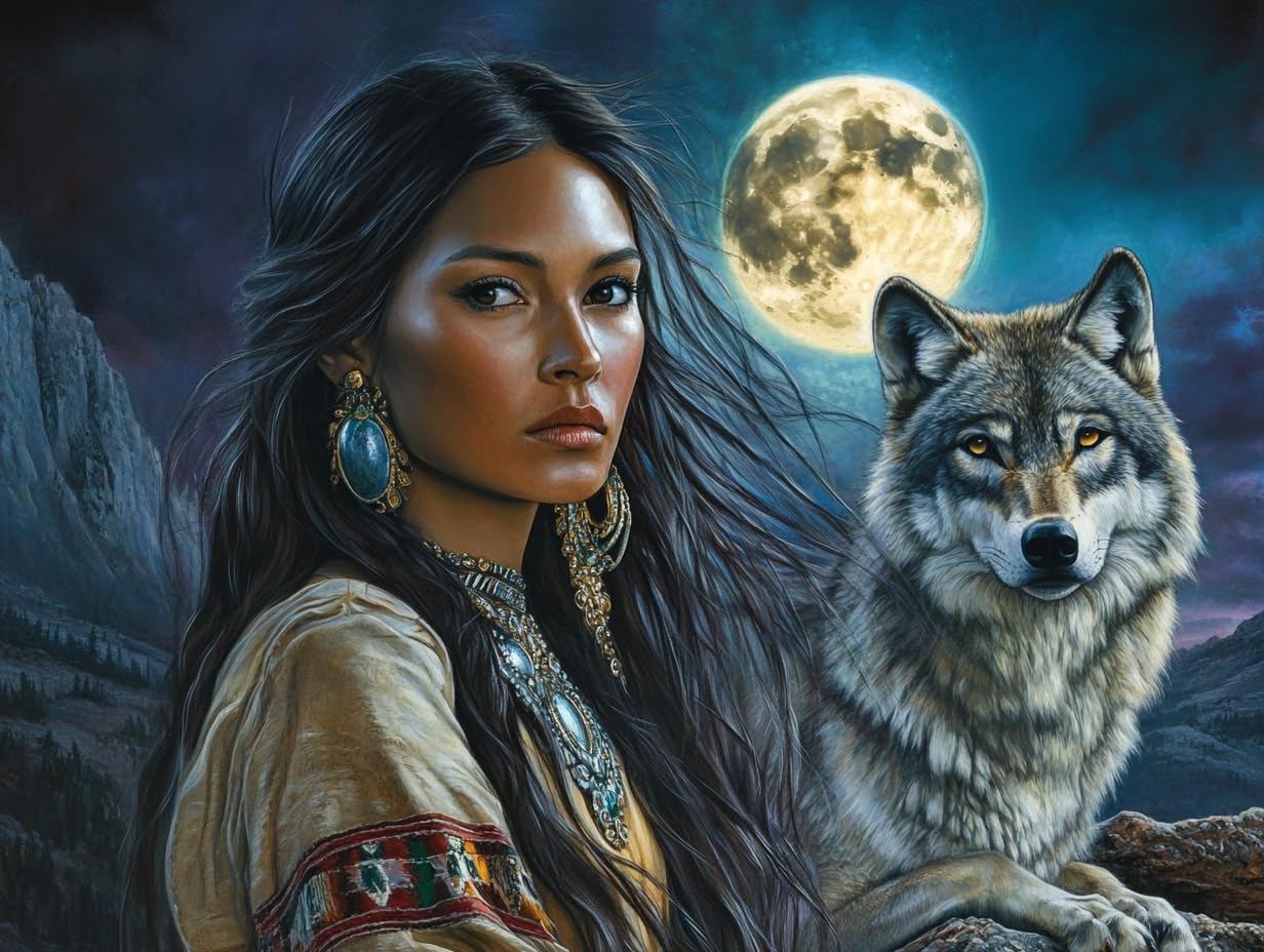 Native American Indian Woman Wolf Moon Paint by Numbers for Adults-Painting Kits for Adults 12x16in Paint by Number Canvas,Perfect for Gifts and Home Wall Decor 520