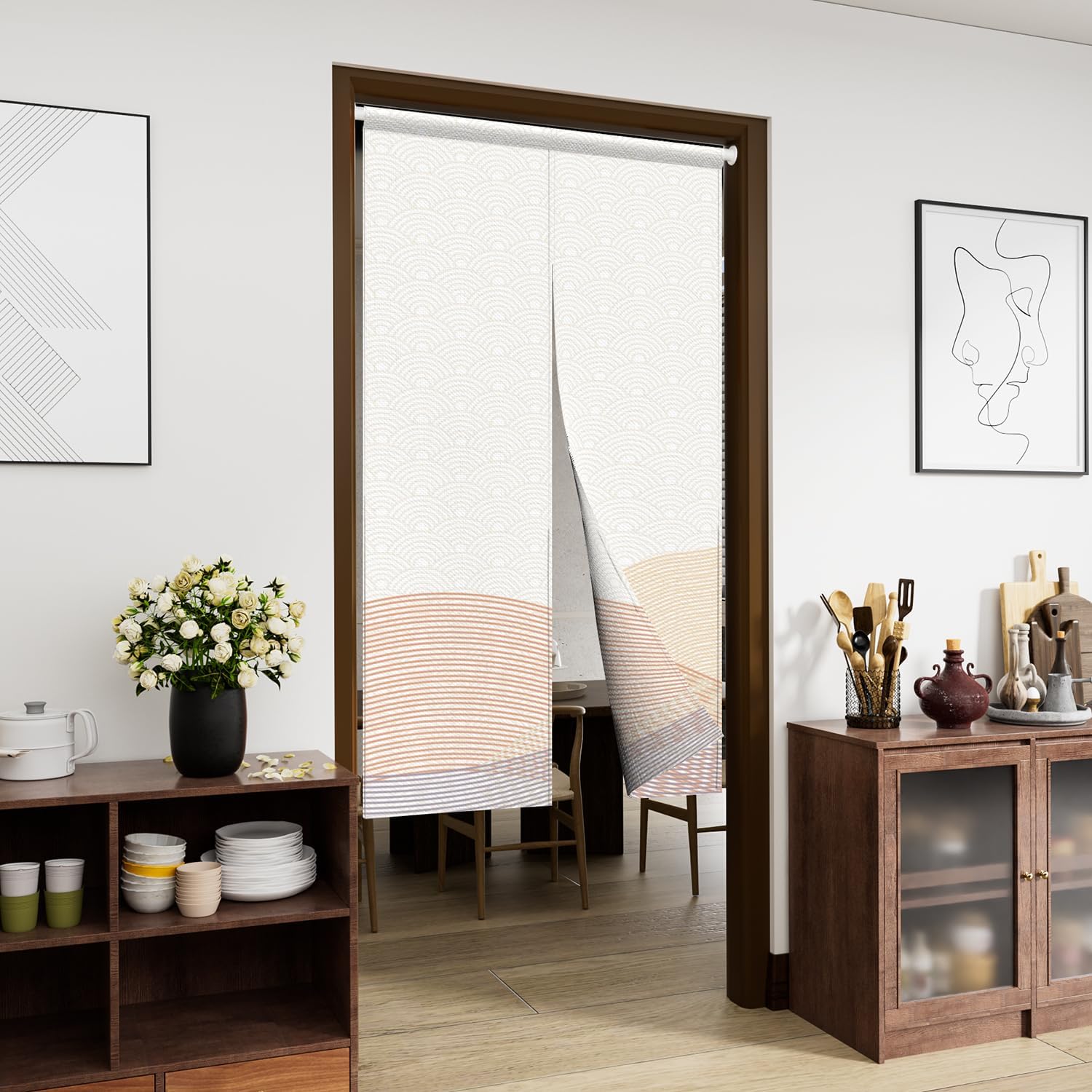 Leowefowa Traditional Japanese Noren Doorway Curtain Double Sided Window Treatment Tapestry Polyester for Room Divider Curtains Kitchen Home Decorations (Stream-Lined Wave) 33.5"x 59"