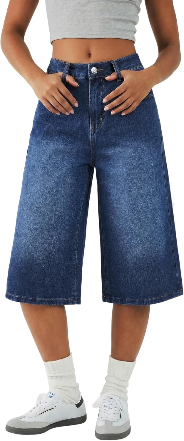 EMMIOL Womens Long Jorts Baggy Y2K Mid High Waisted Retro Jean Shorts Trendy Streetwear Wide Leg Denim Bermudas