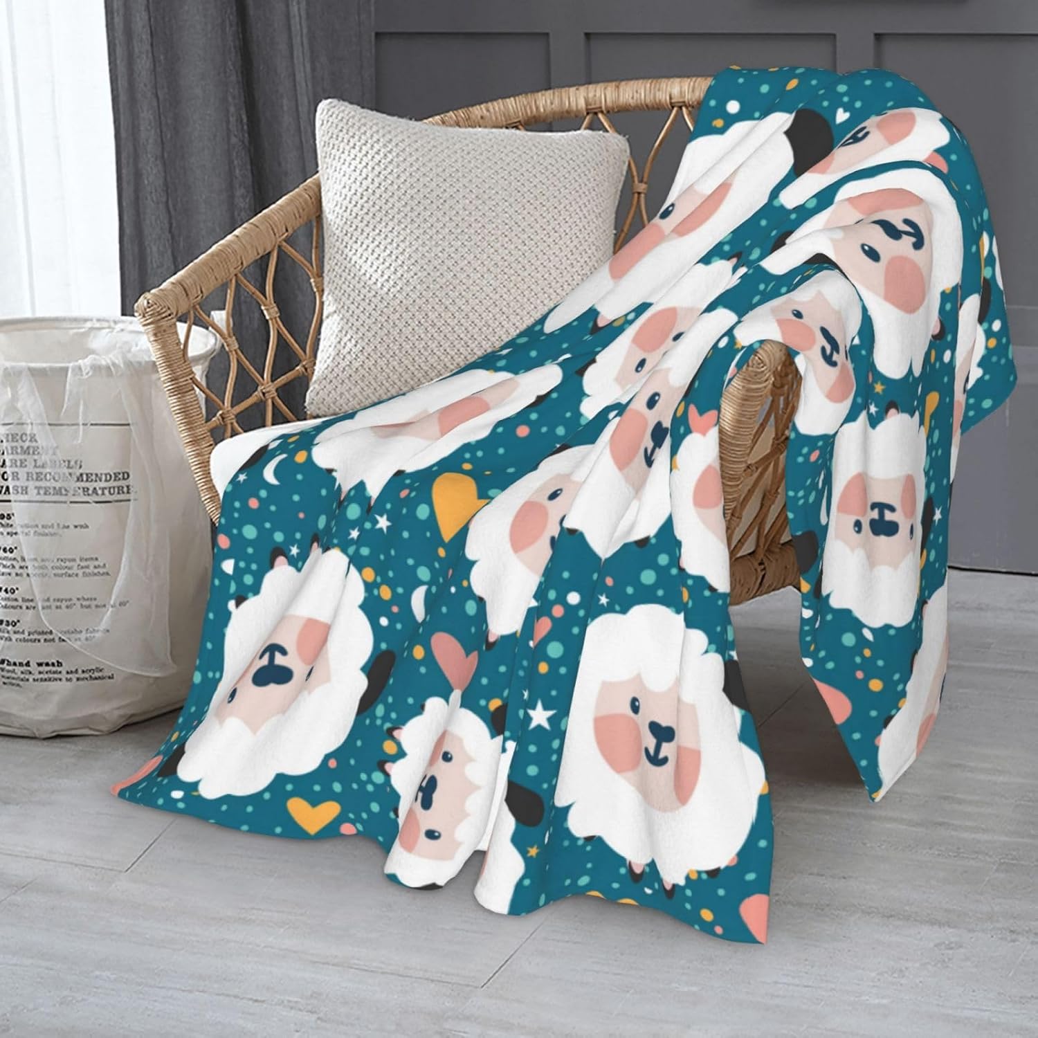 Cute Cartoon Sheep Throw Blanket for Bed Sofa Couch Blue Background Fleece Blankets Lightweight Soft Cozy 60"x50" - Image 7