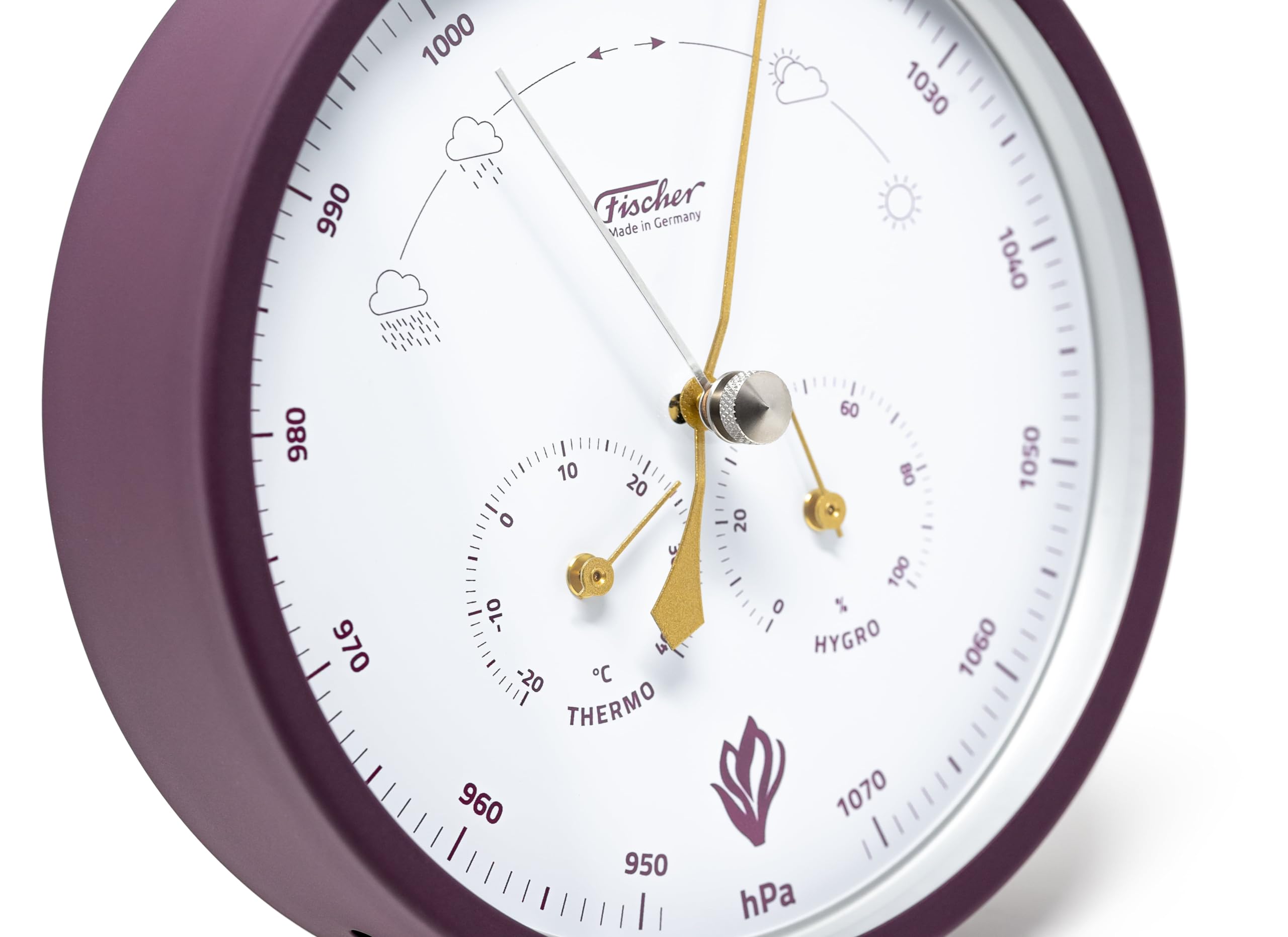 Fischer 1602-24, Wetterstation, Glas, Edelstahl, Messstation | Barometer mit Thermometer und Hygrometer, Krokus-Edition Violet, Gold, Messbereich 20-100 % r. F., Genauigkeit ± 5 % r. F.