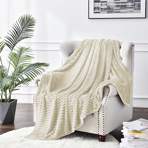 Miniatura 7 de BEDELITE Manta de forro polar para sofá  Manta de jacquard acanalado 3D suave y cálida  acogedora, esponjosa, ligera manta beige para cama, sofá, 50