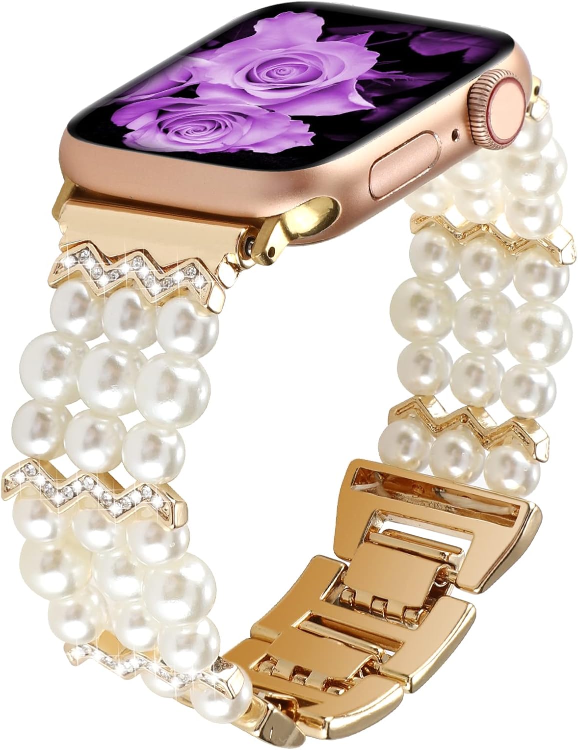 Adjustable Elastic Pearl Beaded Band Compatible with Apple Watch 38mm 40mm 41mm, Woman Chic Diamond Metal Chain Solo Loop Stretch Bracelet Strap Replacement for iWatch Series 9 8 7 6 5 4 3 2 SE - Image 3