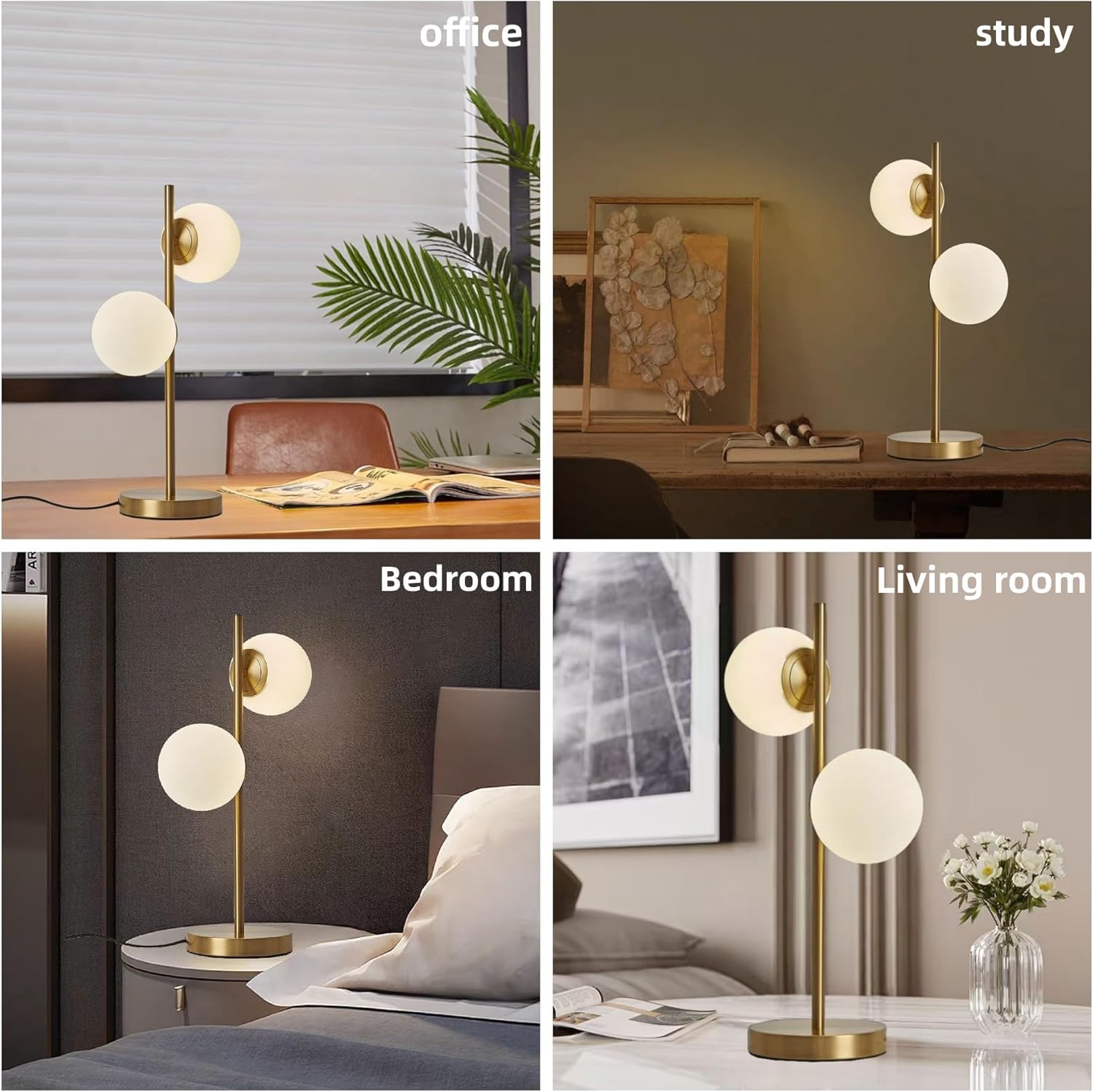 Mid Century Modern Table lamp Luxury Brass Sphere Globe Lamp White Glass Night Lamp Farmhouse Table Light for Living Room Bedroom Study Office (2 LED Globe Lights)