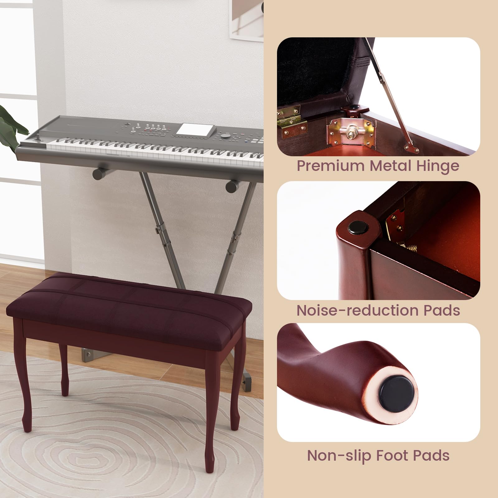 HOMASIS Sgabello Pianoforte a 2 Posti in Legno con Sedile Imbottito in Pelle PU, Panca per Pianoforte con Vano Portaoggetti, Panca Baule, Capacità di Carico 180 kg, 75 x 35 x 49 cm