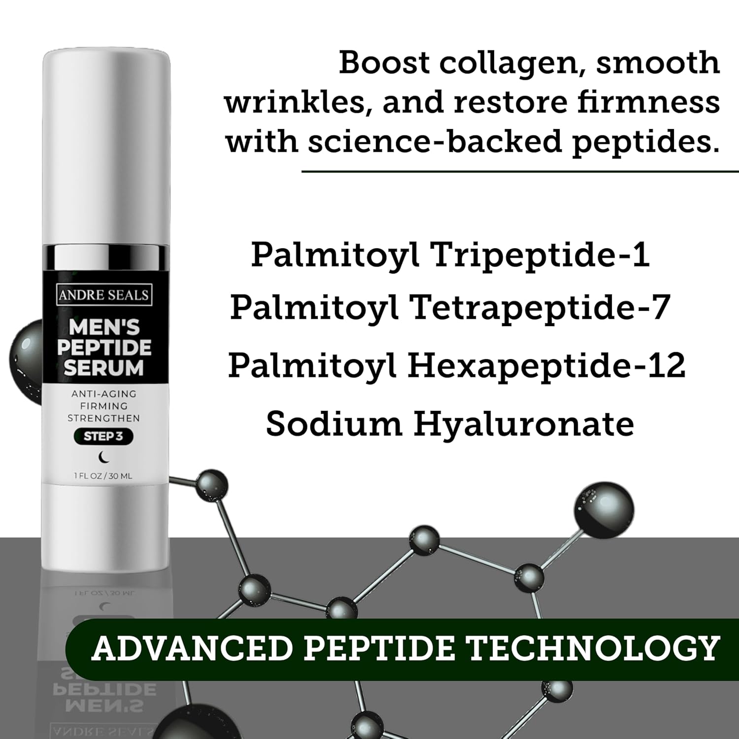 Face Serum for Men - Anti-Aging, Wrinkle Reduction & Collagen Boost with Multi-Peptide, Hyaluronic Acid, Green Tea & Vitamin E | Mens Skincare | 1oz | Night Time Face Serum - Image 5