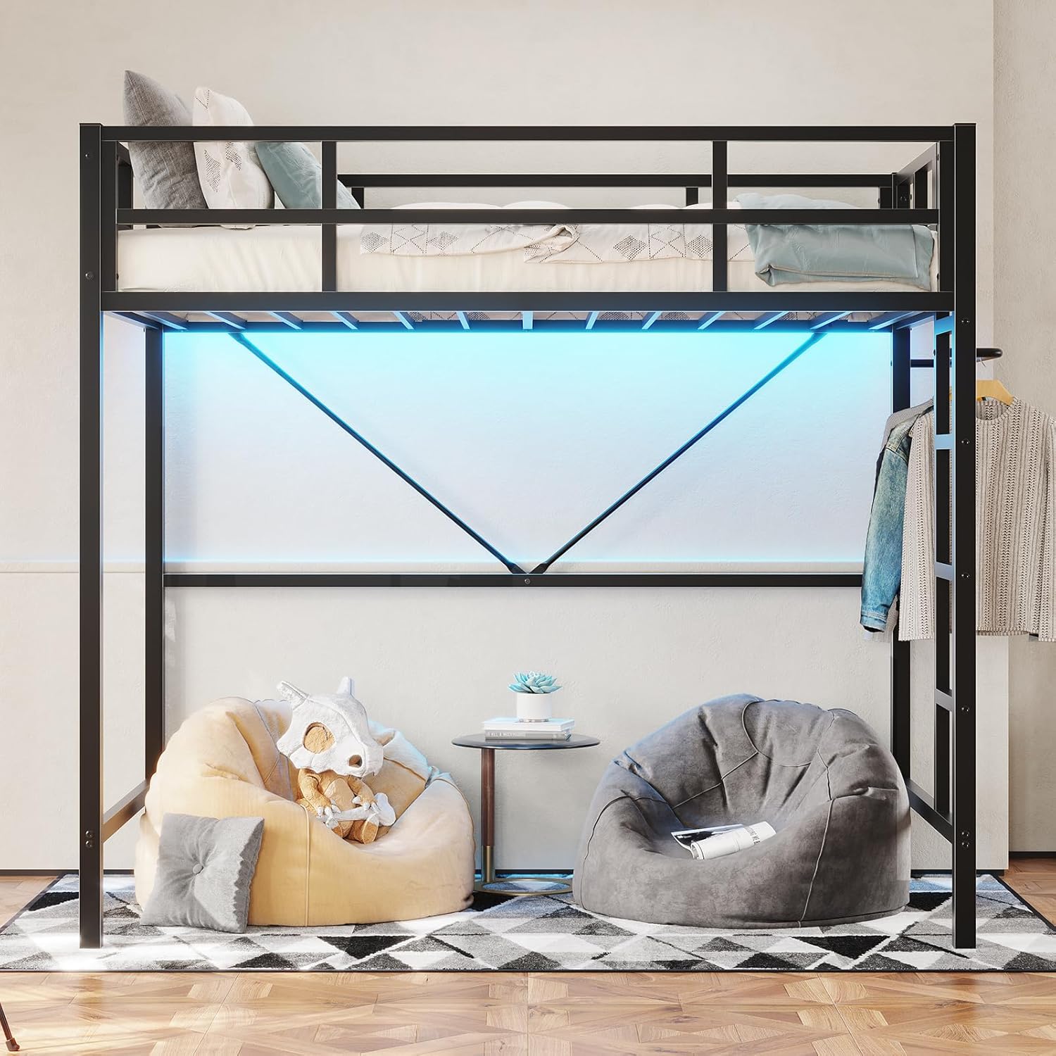 DICTAC Loft Bed Twin Size with Led Lights Metal Twin Loft Bed with Full-Length Guardrail and Ladder for Junior, Heavy Duty Metal Sltas Support,Noise-Free, Space-Saving, No Box Spring Needed, Black