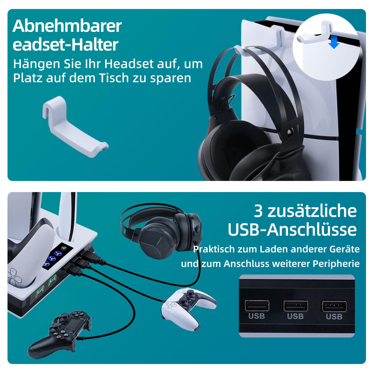 PS5/PS5 Slim/ps5 Pro Standfuß mit Lüfter - Ladestation für Dual Controller mit 3 USB Hubs - Vertikale Kühlstation mit 3 Stufen Kühler und Magnet Ladestecker für UHD & Digital Edition