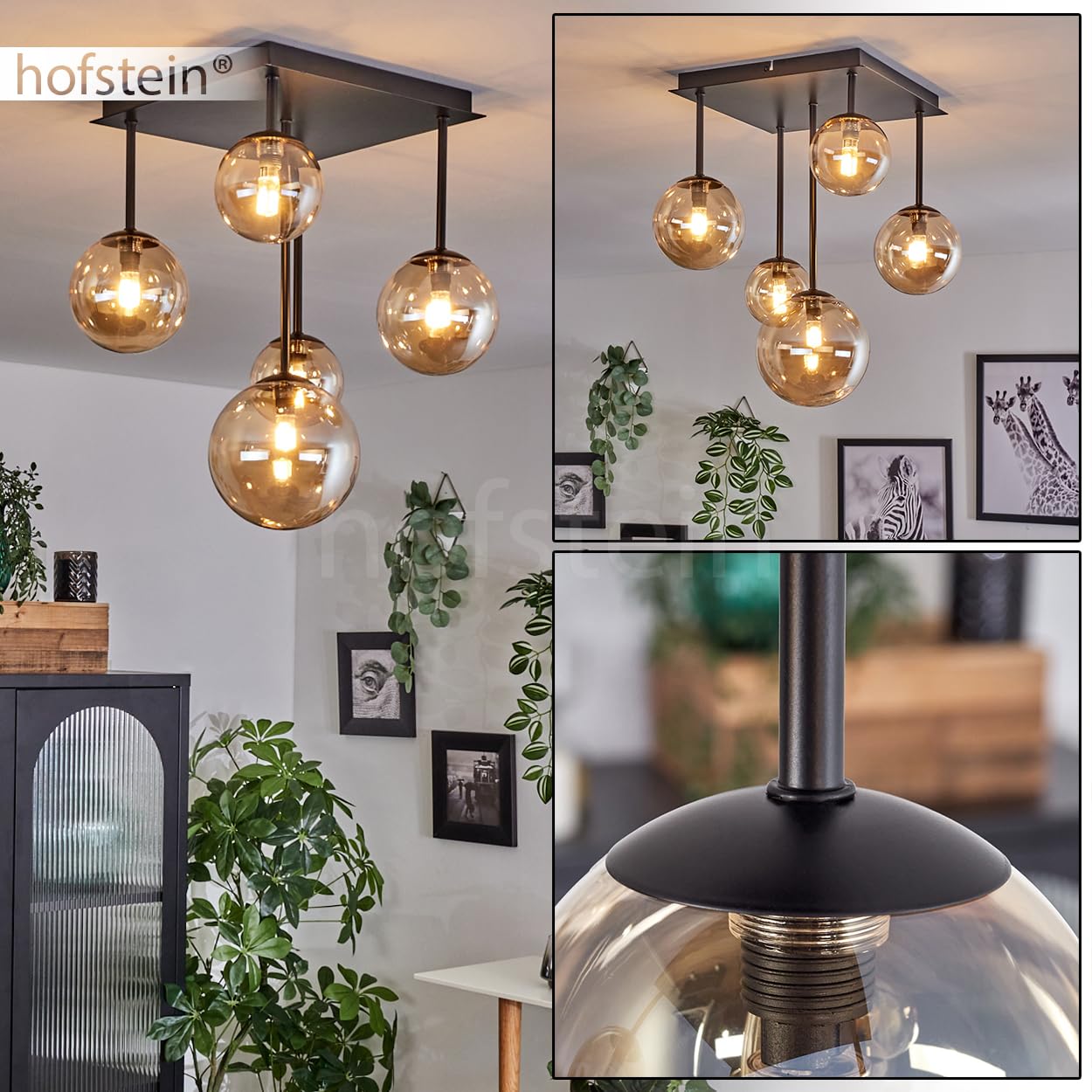 HOFSTEIN Deckenleuchte Chehalis, Deckenlampe aus Metall/Glas in Schwarz/Bernstein, Leuchte im modernen Retro/Vintage-Design mit Schirmen aus Glas (Ø 10, 12, 15 cm), 5 x G9, ohne Leuchtmittel