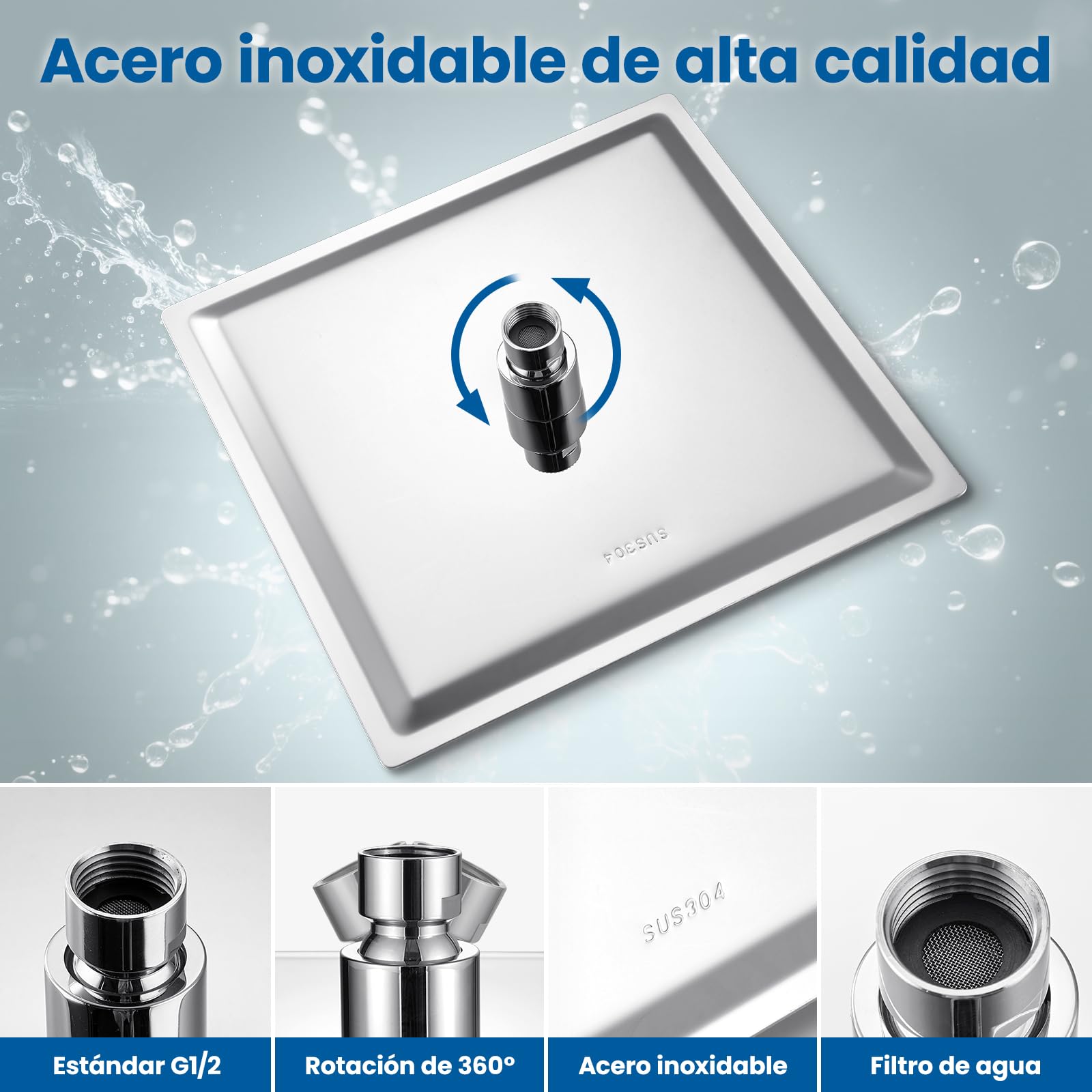 Alcachofa de Ducha Grande Anticalcáreo y Alta Presión - Cuadrado 10 Pulgadas con Boquillas de Silicona Autolimpiantes - Ducha de Lluvia en Acero Inoxidable, Fija a Pared para Baño Moderno - Cromado