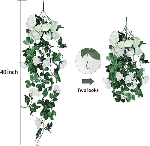Miniatura 9 de RECUTMS Plantas artificiales colgantes, 2 piezas, 3.3 pies, rosas, flores, vides, bodas (blanco)