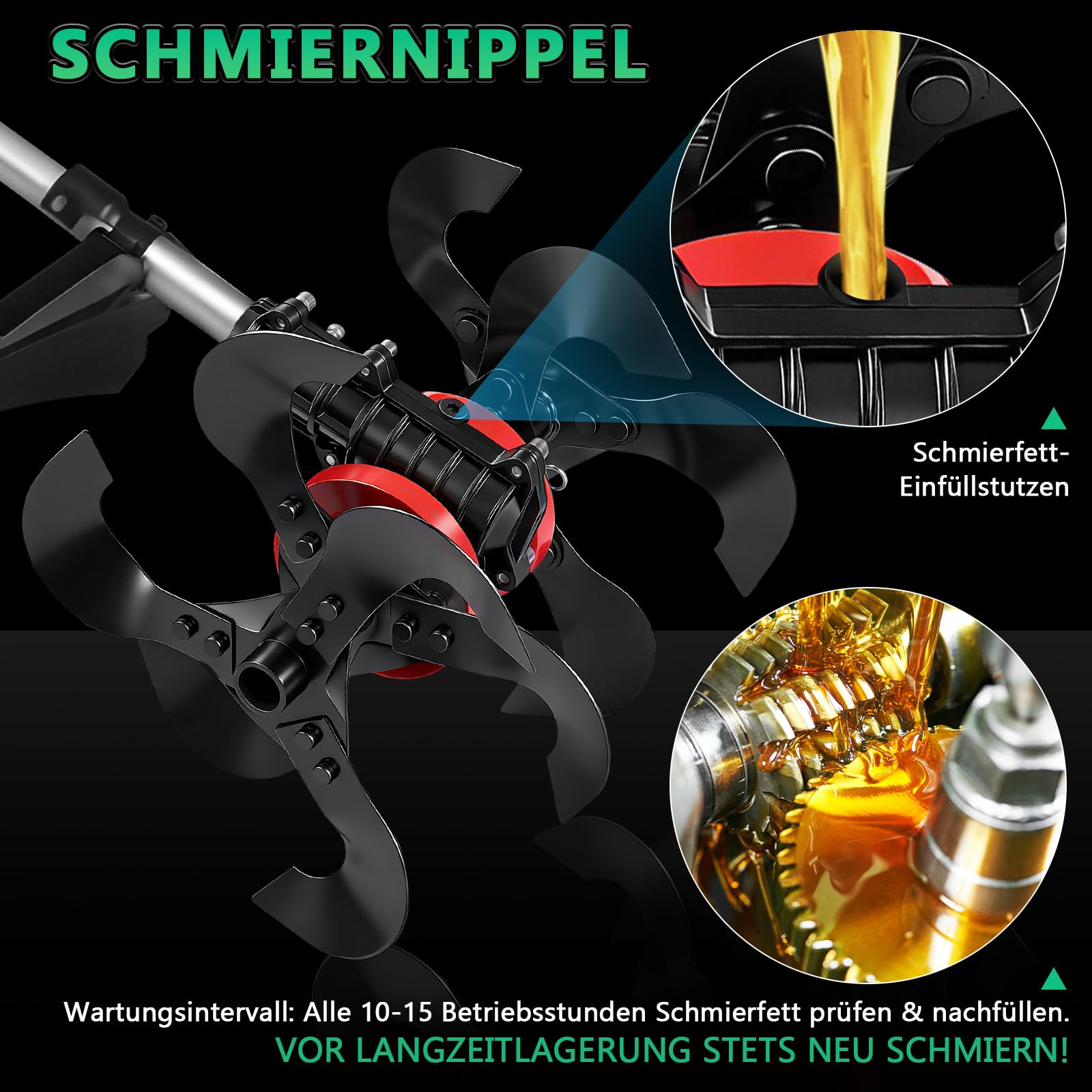 2 In 1 Akku Bodenhacke und Rasentrimmer Kompatibel mit 2 x 4Ah Akkus, Akku Motorhacke mit 25cm Arbeitsbreite & 23cm Arbeitstiefe, 12 Rostbeständige Messer für Bodenbearbeitung und Gartenarbeit