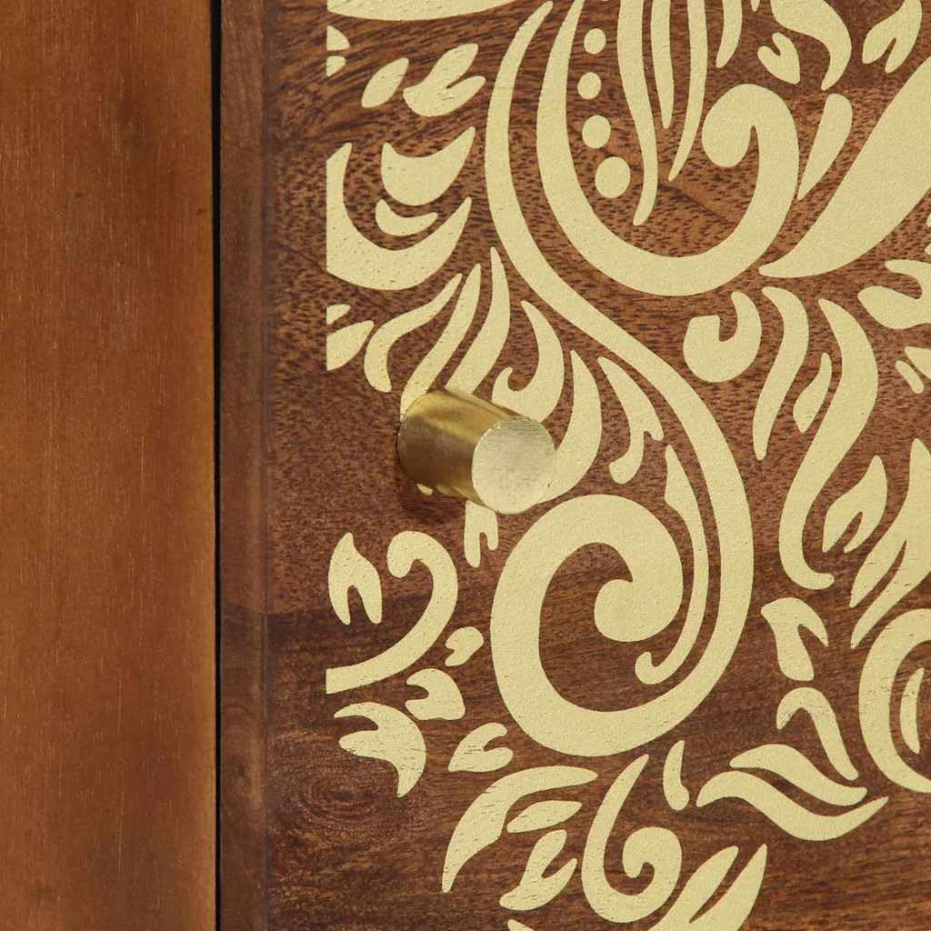 Set di 2 comodini con anta, color marrone miele, in legno di mango massiccio, comodino moderno con vano portaoggetti e bottoni in ottone, 40 x 33 x 46 cm, design compatto per camera da letto