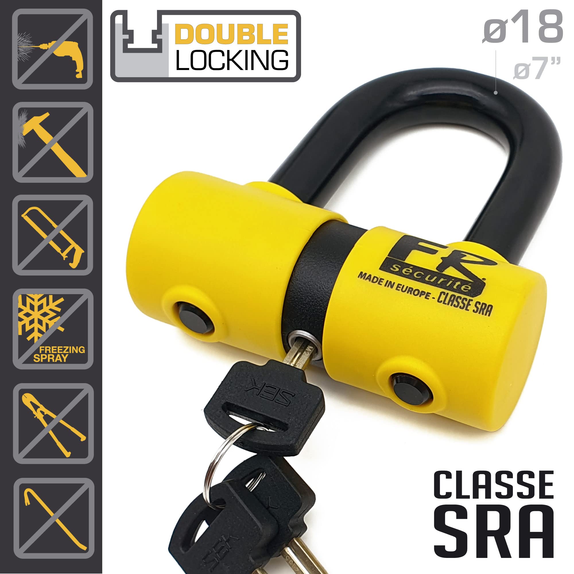 FR SECURITE FR50150 Cadena Alta Seguridad Antirrobo Moto + Candado Moto Disco Mini U ø13.5, 150cm Homologado Classe Sra, Robusto Antirobo Vesátil para Motocicleta, Scooter, Bici, Anclaje, Parking
