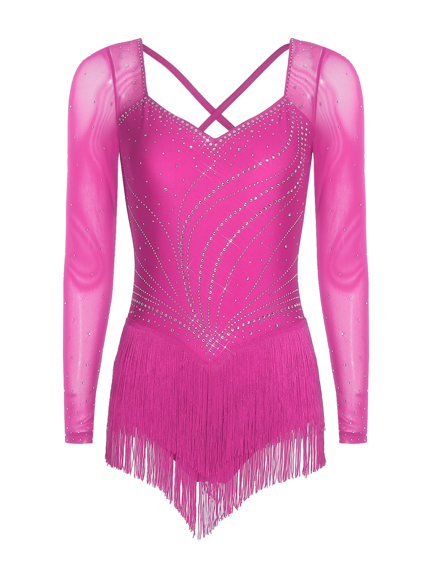 Vestido de Baile Salsa con Flecos Manga Larga Pedrería Brillante Latino Profesional Rumba Vals