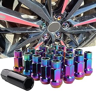 BAGARAATAN 20pcs M12x1.25 Open End Wheel Nuts,60 Conical Seat Open End Black Lug Nuts, Lug Nuts for Aftermarket Wheels with 1 Spline Tool(Multi-Color)