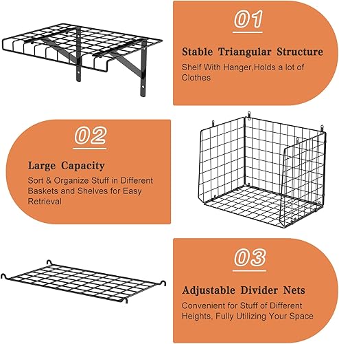 Miniatura 8 de X-cosrack Organizadores de armario ajustables montados en la pared y almacenamiento con cestas de 3 niveles, 2 estantes de alambre y divisores,