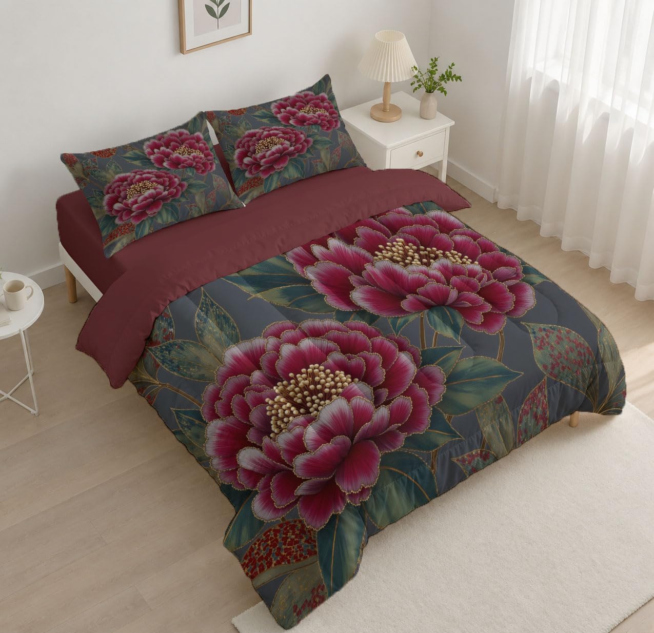 Gorgeous Flowers Comforter Set Full Size, Traditional Peony Branches And Leaves Bedding Set For Girls Boys, Reddish Purple Quilt Bed 79"X90" Bedding Comforter Sets With 2 Pillowcase Room Decor