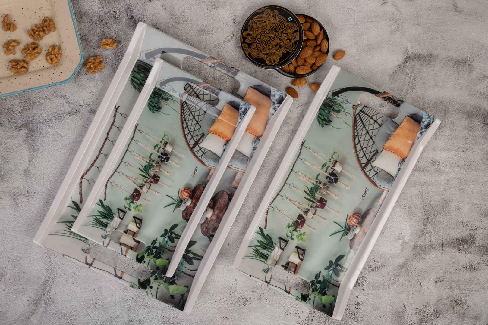 Durable Multi-Use Premium Printed Melamine Serve Ware Set of 3, Tray Set of 3 (Small, Medium & Large) (D2, King)Rectangular