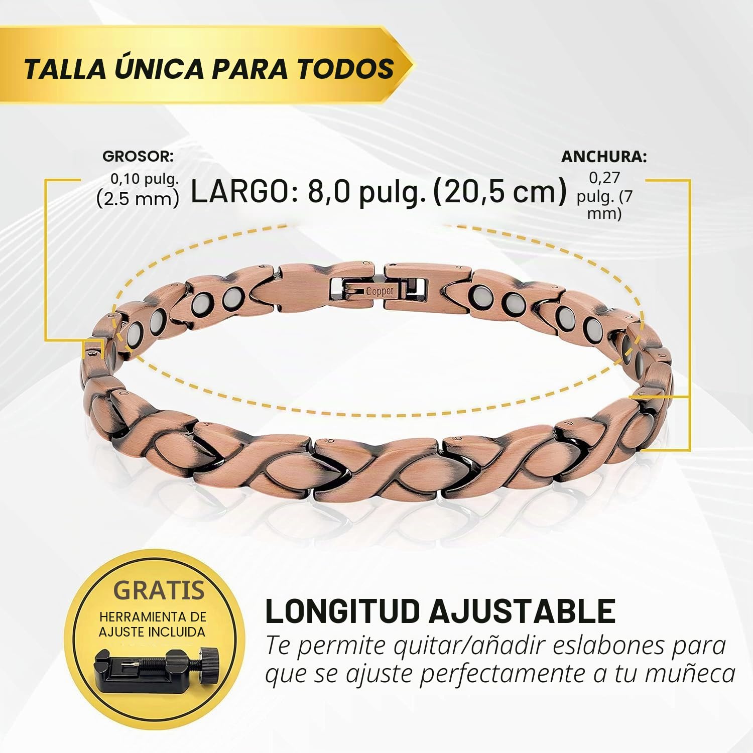 Pulsera de Cobre Puro Mujer MagnetRX – Pulsera Magnética Ajustable Terapéutica con Herramienta de Talla (Estilo XO)