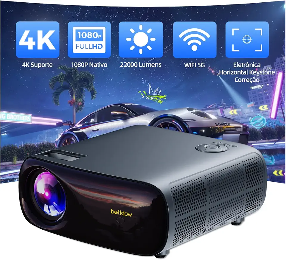 Bettdow Projetor 4k 22000 Lumens Full Hd 1080p Compatível Com Android 9, Smart Projetores Retroprojetor Portatil 650 ANSI WiFi 2.4G+5G BT 5.1, Eletronico Correção Trapezoidal, Foco manual