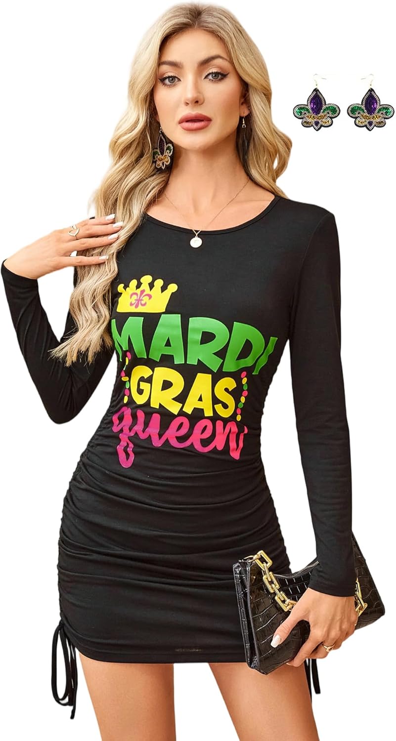 Women's Festival Dress - Crewneck Long Sleeve Adjustable Drawstring Mini Dress with Earrings