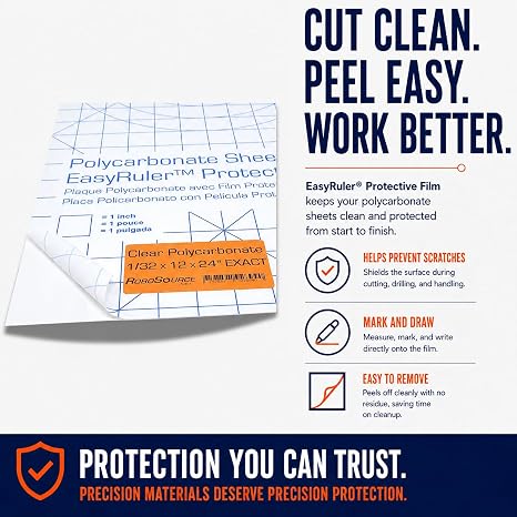 Polycarbonate Clear Plastic Sheet 24 X 24 X 0.472 (1/2) Exact with EasyRuler Film, Shatter Resistant, Easier to Cut, Bend, Mold Than Plexiglass. Window Panel, Hobby, Home, DIY, Industrial, Crafts