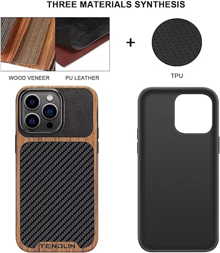 Miniatura 2 de TENDLIN Compatible con iPhone 14 Pro Funda de grano de madera con textura de fibra de carbono, diseño híbrido de cuero, funda delgada negra
