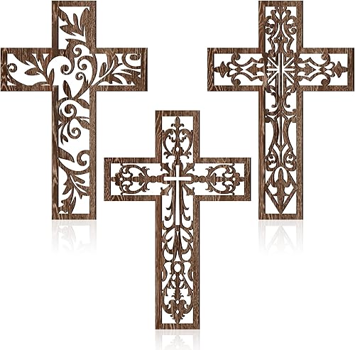 Yookeer 3 piezas de decoración de pared de cruz de madera colgante hecho a mano antiguo religioso marrón madera decoración de pared tallada a mano