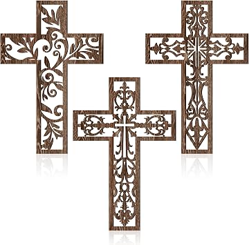 Yookeer 3 Pcs Wooden Cross Wall Decor Cross Hanging Handmade Antique Religious Brown Wooden Home Decorations Hand Carved Wall Decor for Church Home Office Baptism Gift for Christian