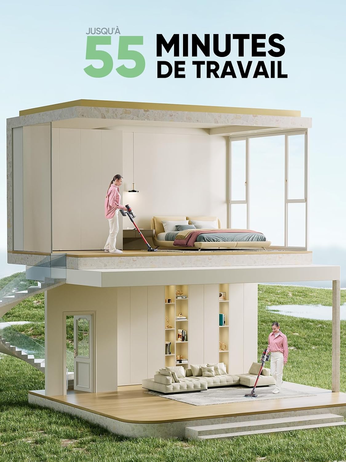 Illustration of a house with a person vacuuming on two levels, representing 55 minutes of runtime