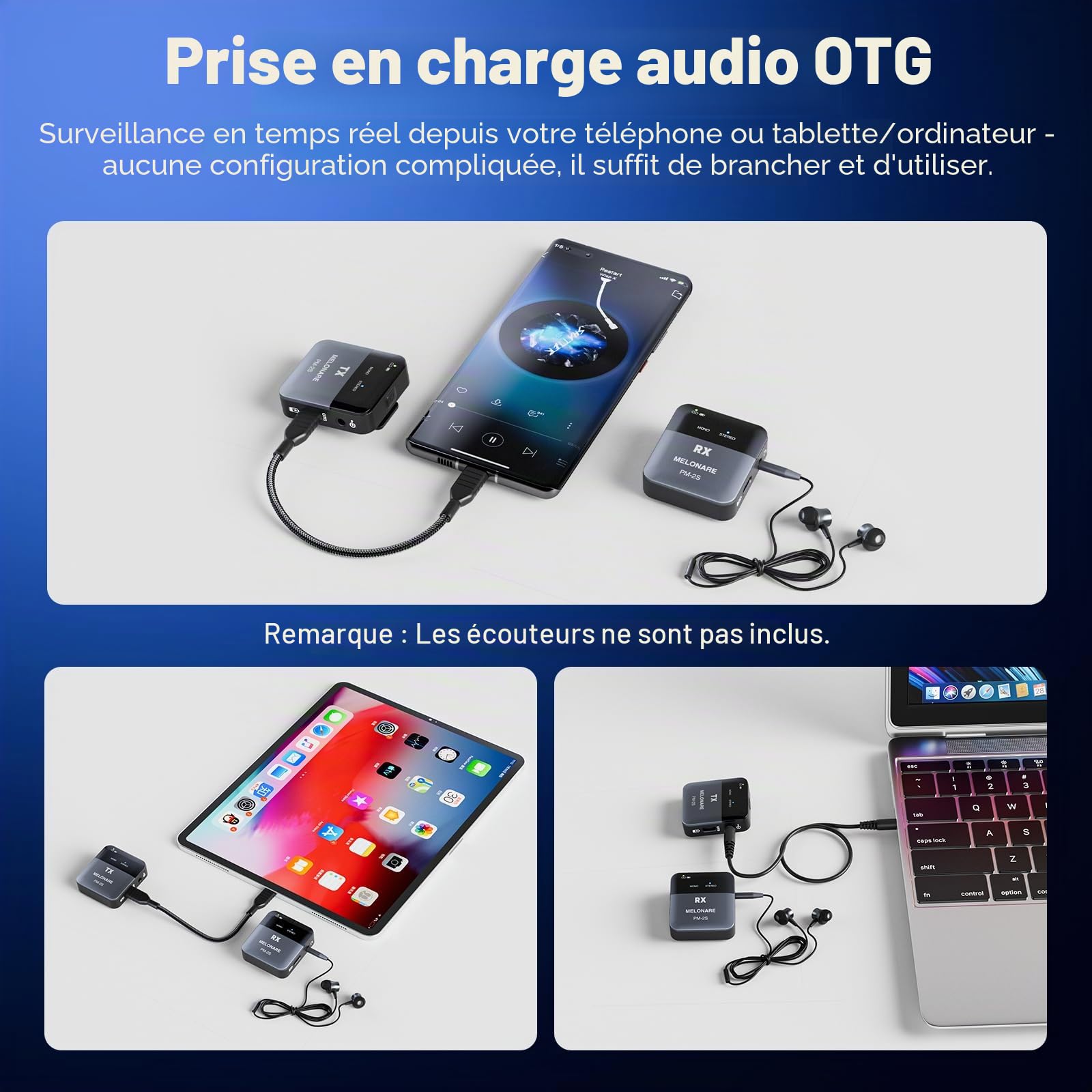 MELONARE PM-2S Système de moniteur intra-auriculaire sans fil portable, commutateur mono/stéréo, émetteur et récepteur sans fil, audio 24 bits/48 kHz, entrée OTG, IEM pour spectacles en direct