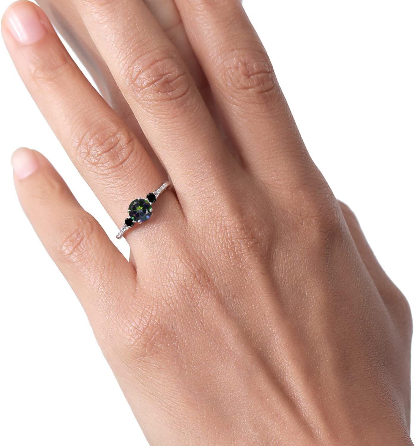 Gem Stone King 10K White Gold Green Mystic Topaz Black Diamond and White Diamond Accent 3-Stone Engagement Ring For Women (1.18 Cttw, Round 6MM, Gemstone November Birthstone) - Image 5