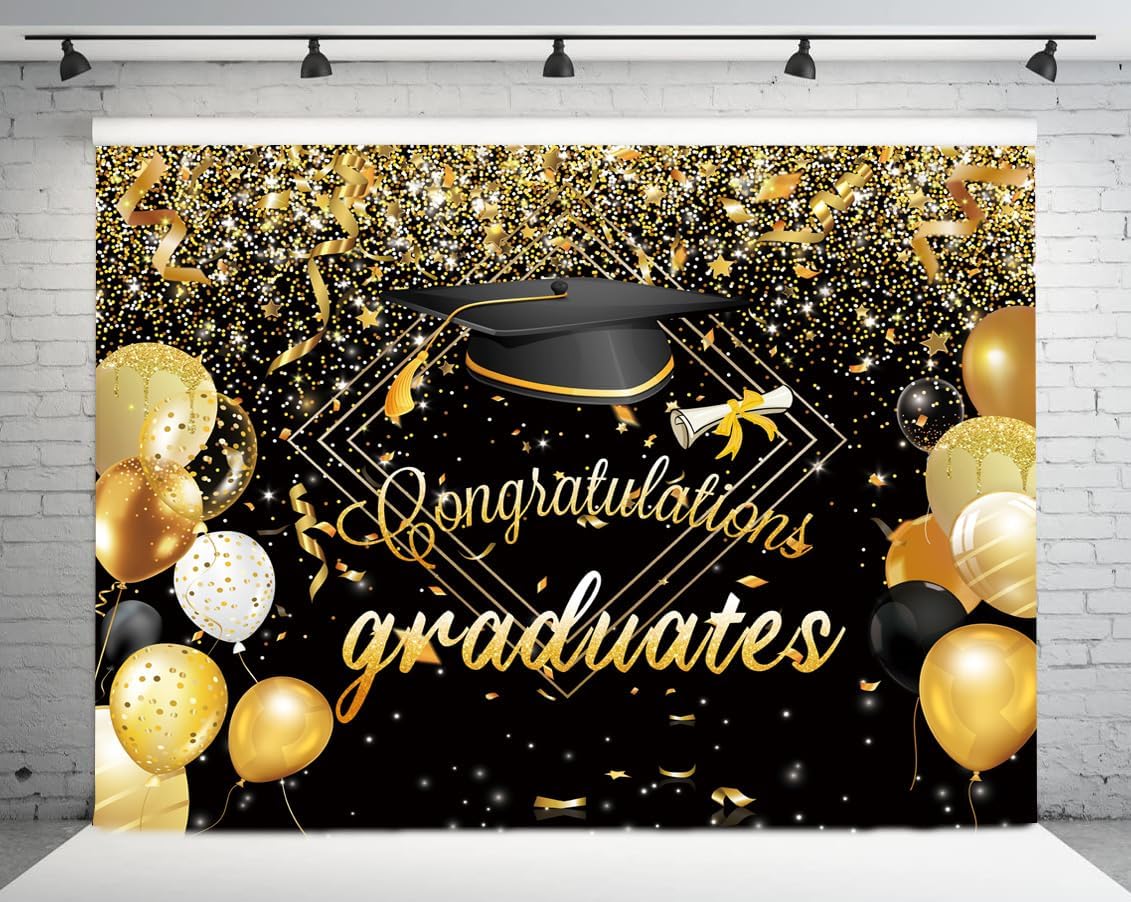 10X8FT Black Congrats Graduation Backdrop Class of 2024 Photography Background Gold Bachelor Cap Celebration Party Decorations Banner Picture Photo Booth DH-603