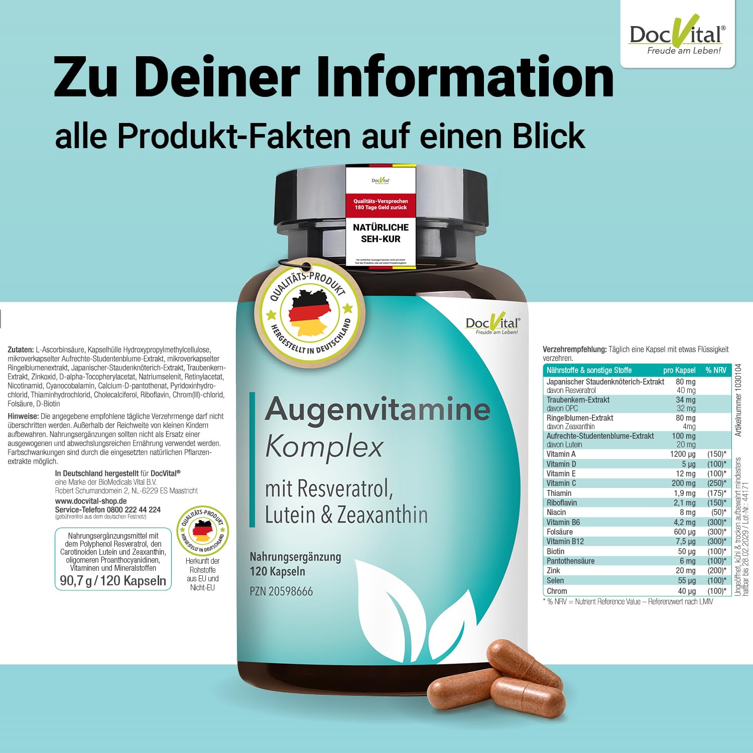 Augenvitamine hochdosiert: Lutein Zeaxanthin Kapseln mit Vitamin A - 4 Monatsvorrat - Augenstark Vital Komplex – mit Vitamin A und B2 zur Erhaltung normaler Sehkraft
