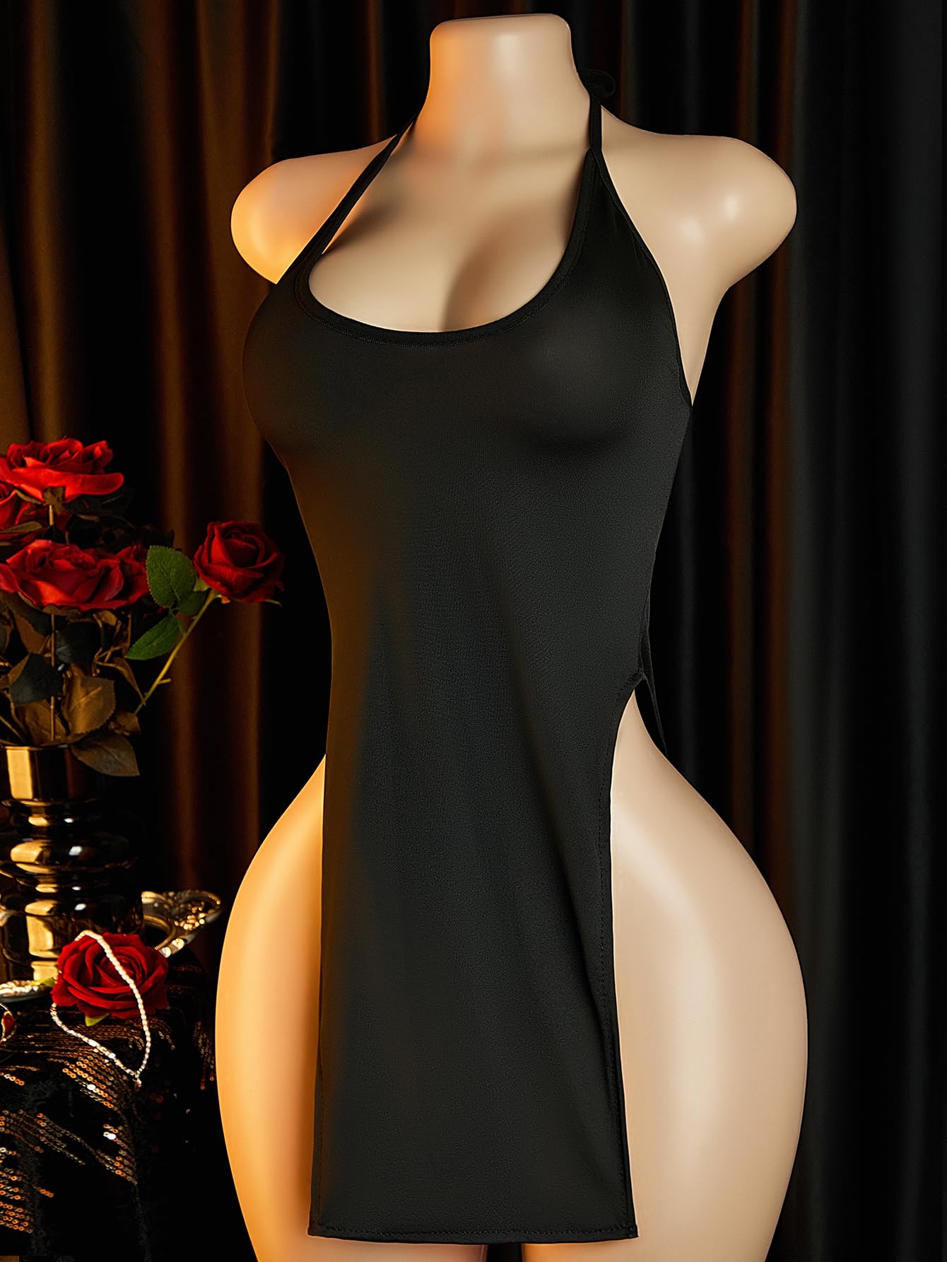 ADSEXY Sexy Lingerie for Women Backless Babydoll Lingerie Dress Nightgown Chemise One Piece Fits S-L Size: One Size Black Dress