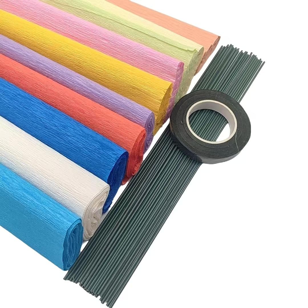 Lmlliang Lot de 10 rouleaux de papier crépon de couleurs – 250 × 25 cm, pour emballage cadeau, loisirs créatifs, anniversaire, mariage, vacances, fleurs (couleurs mélangées)