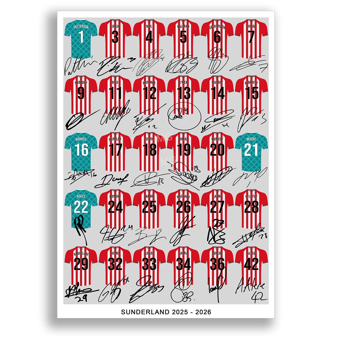Mounted Gifts Trading Sunderland Team Squad 2025-2026 Signed Poster Print Framed Picture Photo Autograph Gift 25/26 Granit Xhaka Isidor Mayenda Ballard (A4 Squad Poster)