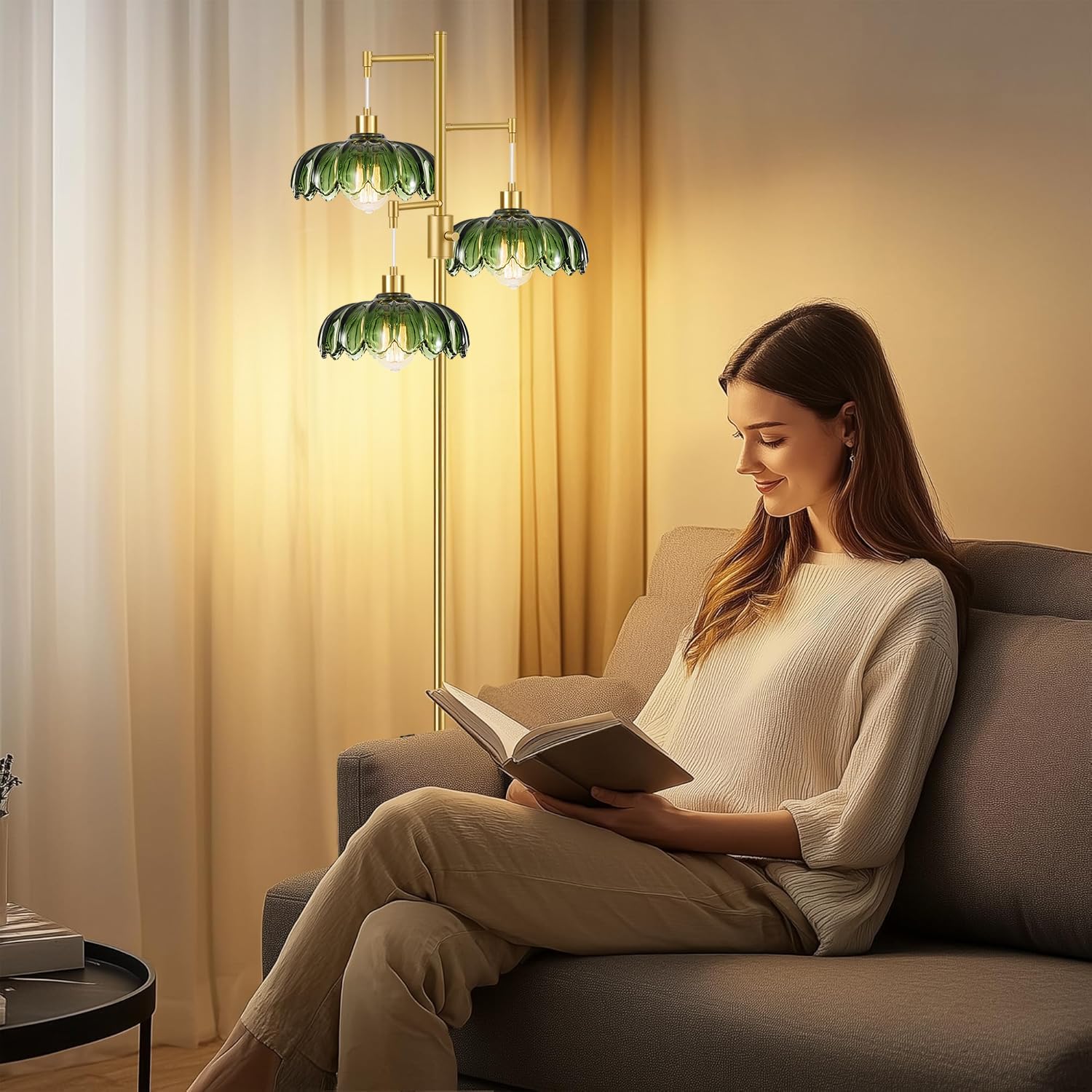 Vintage Floor Lamps for Living Room Bedroom-3 Light Dimmable Gold Floor Lamp with Glass Lampshape, Flower Tall Lamp Modern Mid Century Standing Lamp Green Tree Floor Lamp for Bedroom Corner