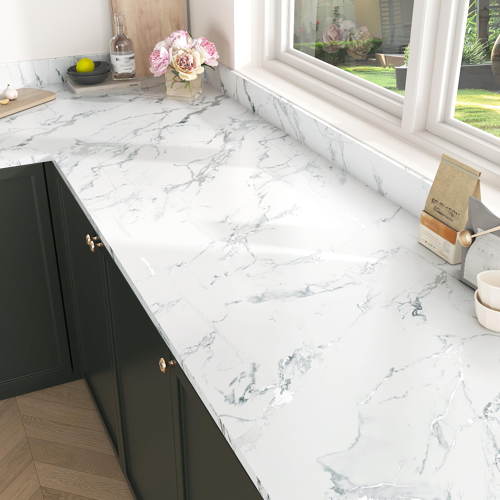 HotDecor Marble Vinyl Wrap for Kitchen Worktop Self Adhesive White and Silver Wallpaper for Bathroom Matte Marble Sticky Back Plastic Kitchen Wallpapers Washable White Vinyl Cupboard Wrap 40cm x 200cm