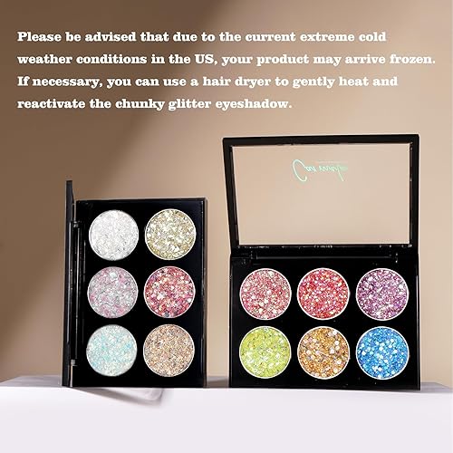 Miniatura 6 de CarMela - Paleta de sombras de ojos con purpurina gruesa, 6 colores, sombra de ojos brillante, resistente al agua, de larga duración, para rostro y