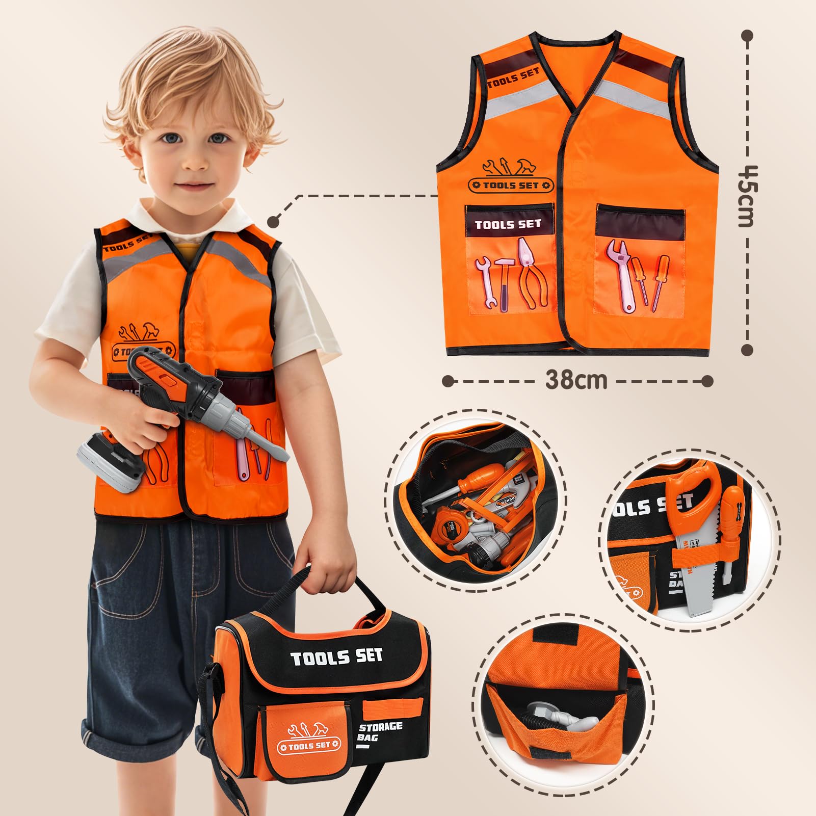 Vanplay Kids Toys Kids Tool Set Electric Drill with Tool Bag & Vest, 43 Pcs Pretend Play Tools Toys for 3 4 5 Year Old Boys Girls - Image 3