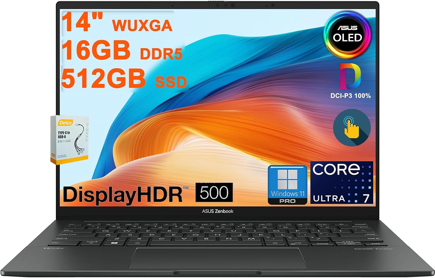 Zenbook 14 OLED Laptop | 14" WUXGA Lumina OLED Touch (100% DCI-P3, 500nits HDR) | Intel 16-core Ultra 7 255H (Up to 13 Tops) | 16GB DDR5 512GB SSD | Backlit Win11Pro w/DLCA Accessory