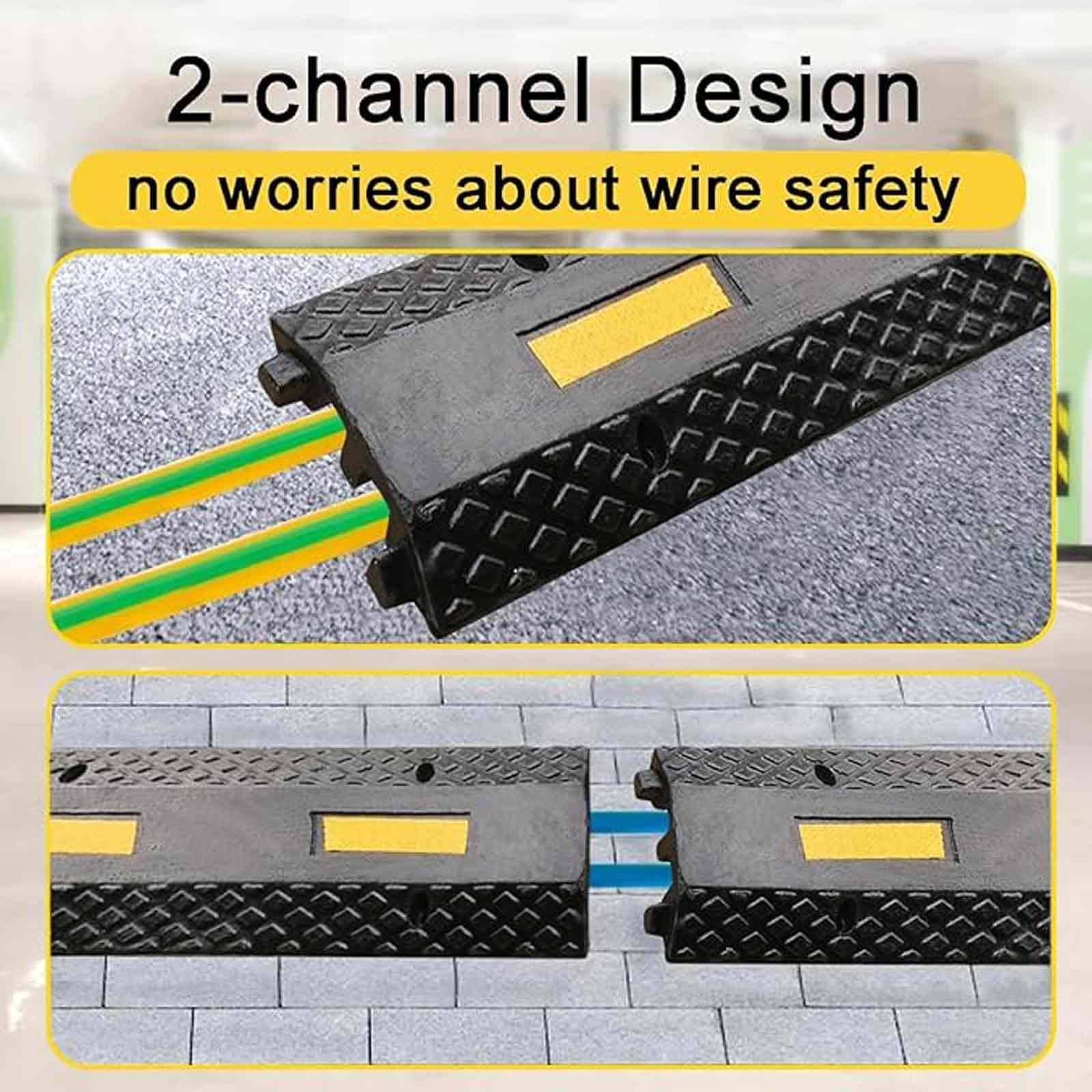 Canaleta Pasacables para Suelo de 2 Canales, Cubierta de Cable de Caucho de 10 Toneladas, Reductor de Velocidad para Entradas de Vehículos con Amarillo Altamente Reflectante