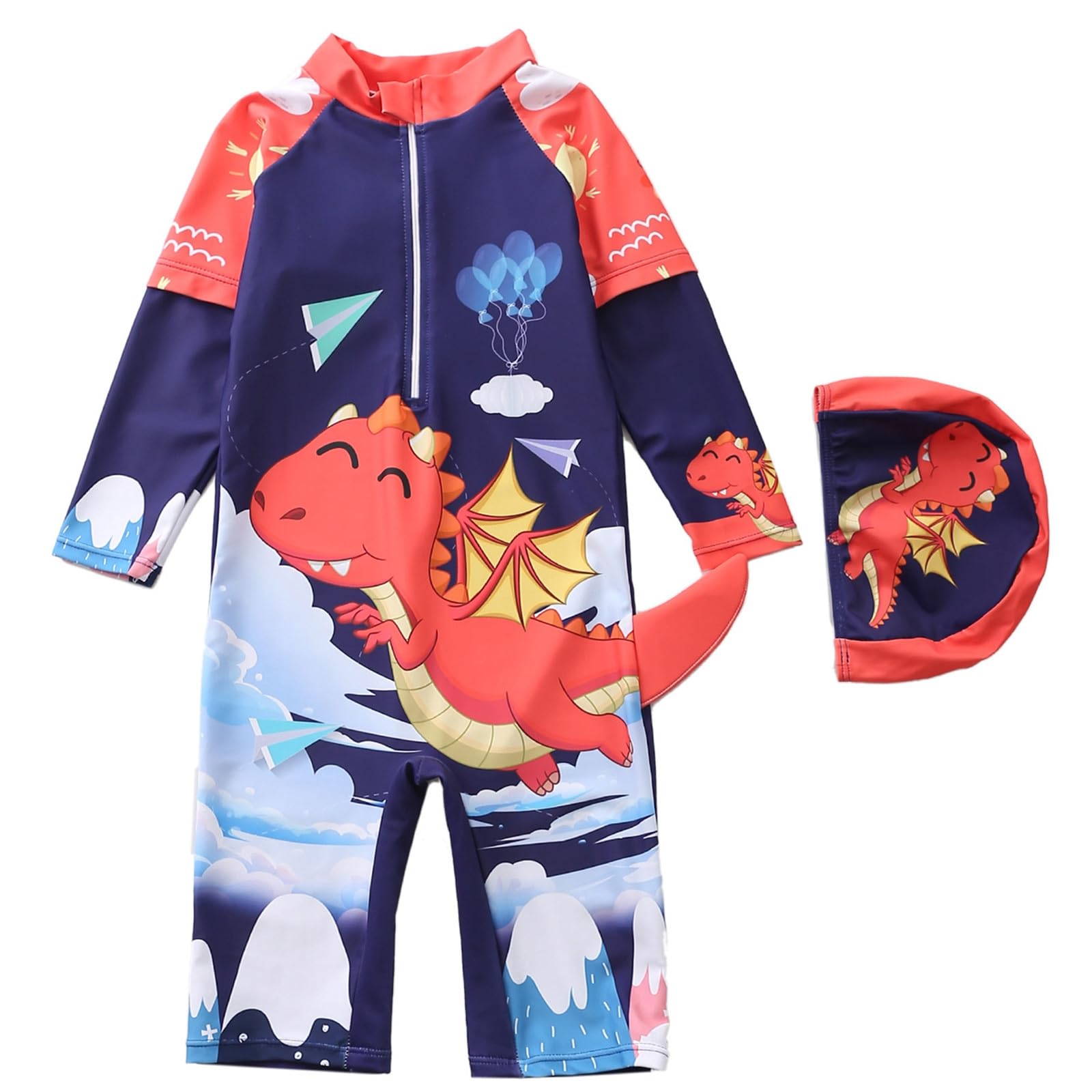 Bañador Niño 3D Cola Dinosaurio Traje Baño Manga Larga Protección Solar UPF 50+