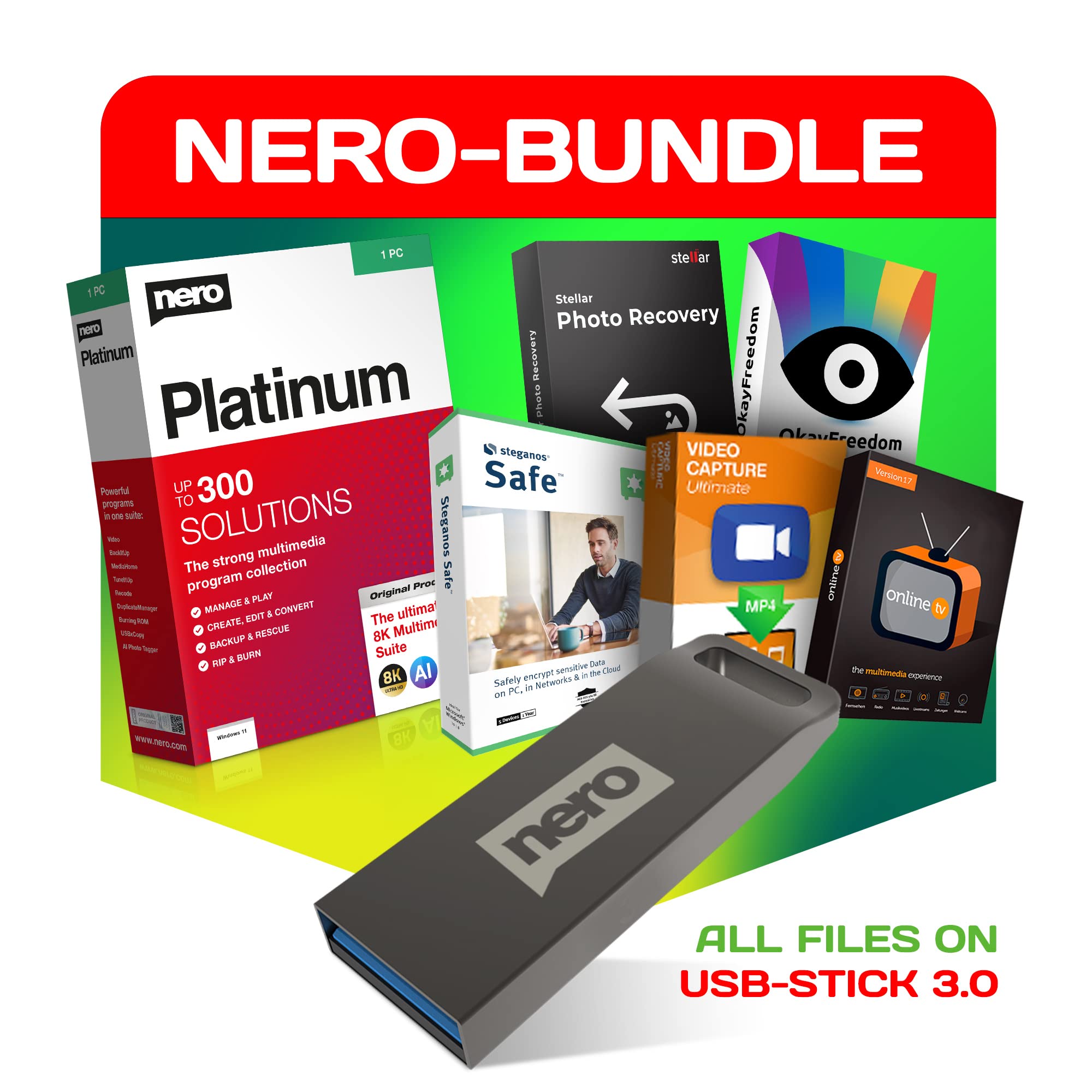 Nero Super-Bundle | Multimedia Software Paket: Videobearbeitung, Brennen, Backup, Medienverwaltung, Fotorettung, PC-Optimierung, Sicherheit & VPN | Nero Platinum Unlimited | 1 PC | Windows 11/10/8/7