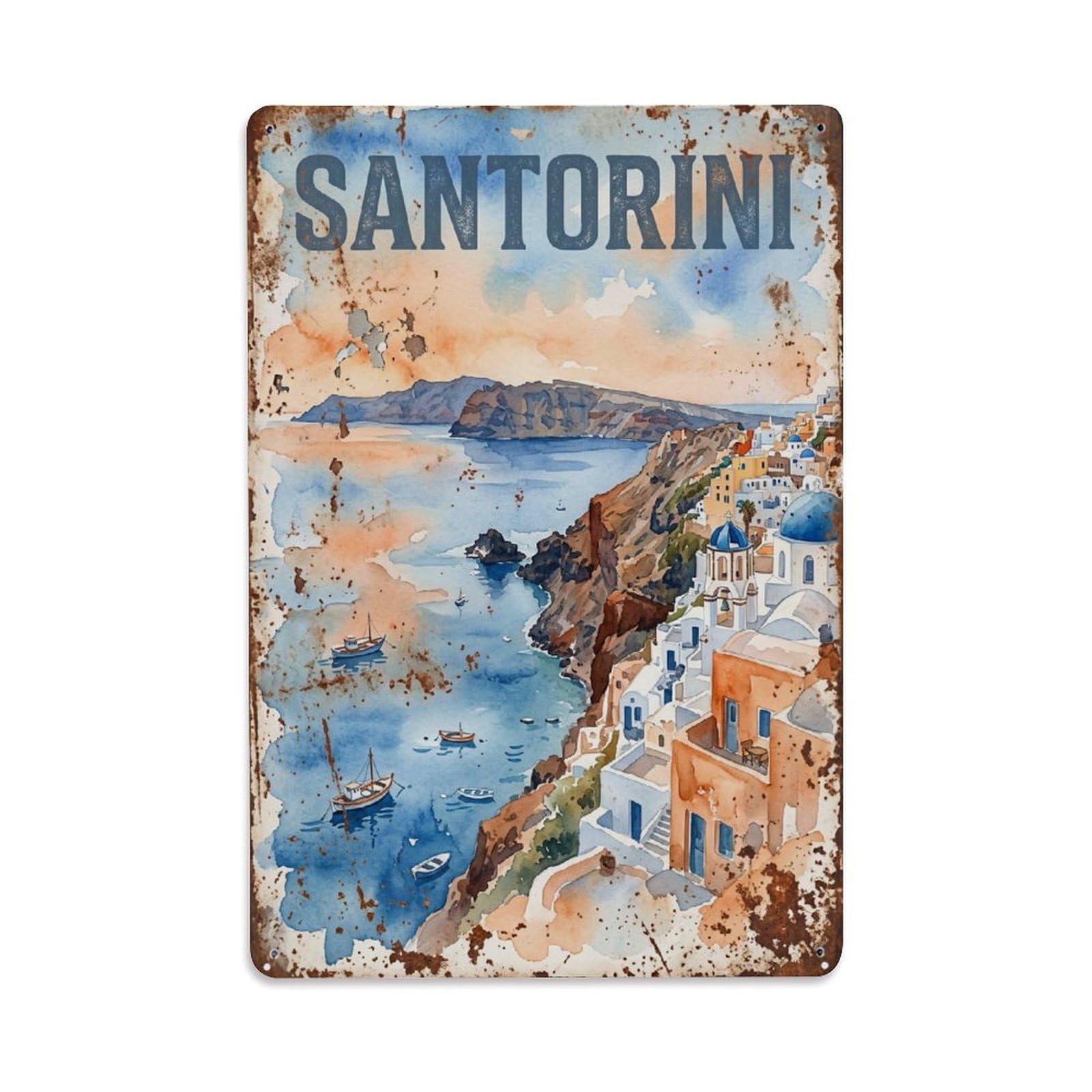 Fyrn Style Metal Tin Sign Vintage Travel Santorini Greece Caldera